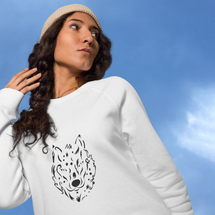 Sudadera blanca de algodón orgánico unisex con estampado de lobo