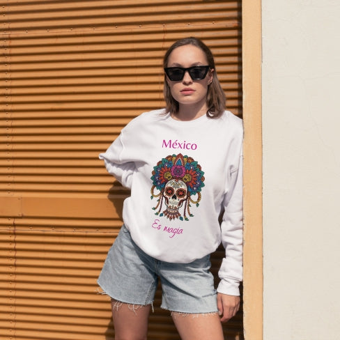 Sudadera blanca algodón orgánico  con estampado mexicano